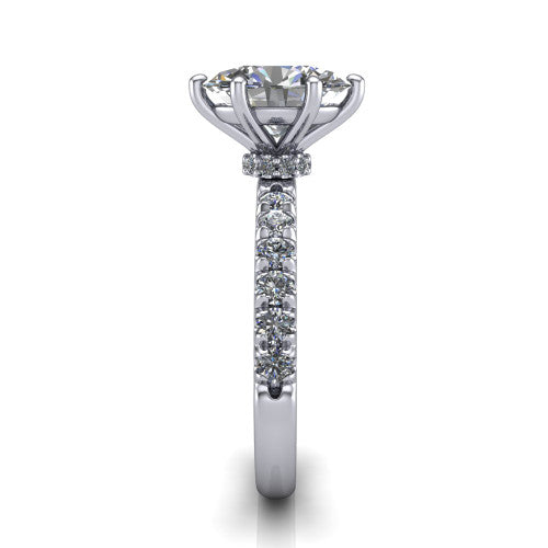 Gabriella oval hidden halo engagement ring in 14K White Gold, side profile showing the hidden pav&eacute; halo collar and the pav&eacute; band in profile