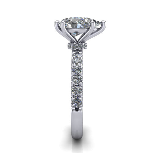 Gabriella pear hidden halo engagement ring in Platinum, side profile showing the hidden pav&eacute; halo collar and the pav&eacute; band in profile