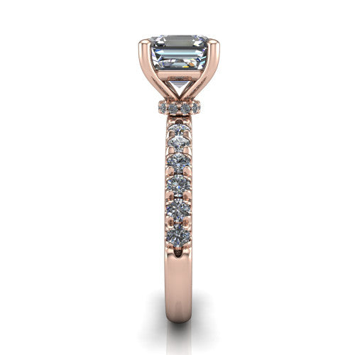 Gabriella emerald hidden halo engagement ring in 14K Rose Gold, side profile showing the hidden pav&eacute; halo collar and the pav&eacute; band in profile
