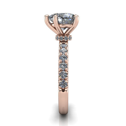 Gabriella heart hidden halo engagement ring in 14K Rose Gold, side profile showing the hidden pav&eacute; halo collar and the pav&eacute; band in profile