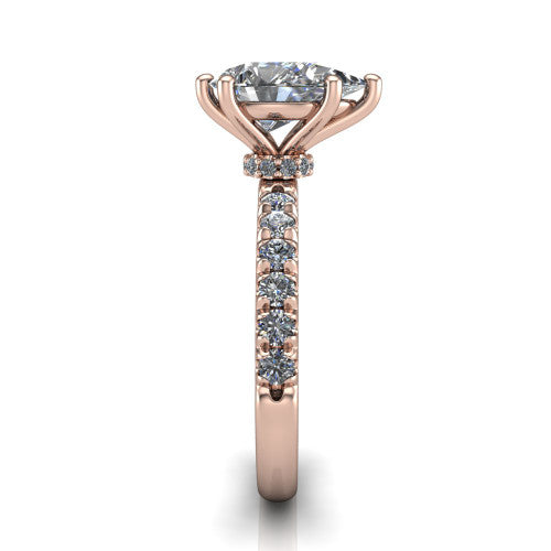 Gabriella pear hidden halo engagement ring in 18K Rose Gold, side profile showing the hidden pav&eacute; halo collar and the pav&eacute; band in profile