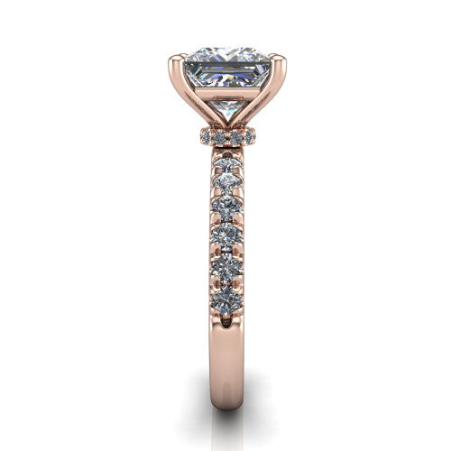 Gabriella princess hidden halo engagement ring in 14K Rose Gold, side profile showing the hidden pav&eacute; halo collar and the pav&eacute; band in profile