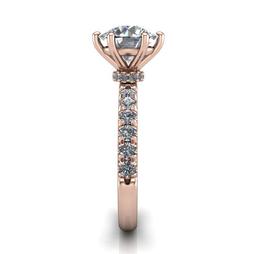 Gabriella round hidden halo engagement ring in 14K Rose Gold, side profile showing the hidden pav&eacute; halo collar and the pav&eacute; band in profile