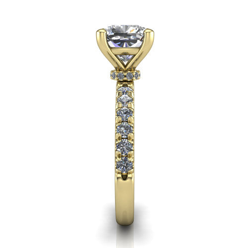 Gabriella cushion hidden halo engagement ring in 14K Yellow Gold, side profile showing the hidden pav&eacute; halo collar and the pav&eacute; band in profile