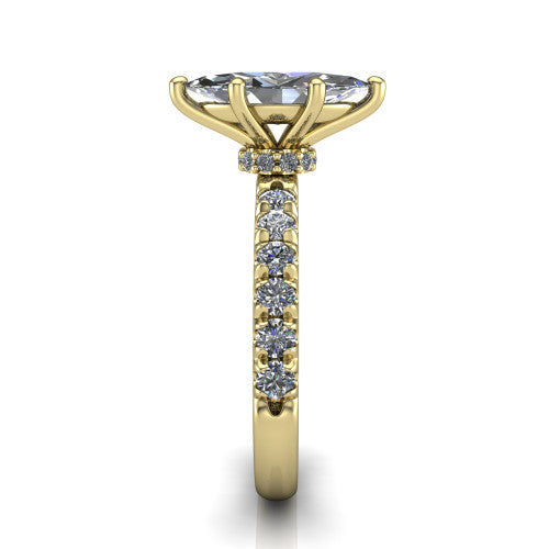 Gabriella marquise hidden halo engagement ring in 14K Yellow Gold, side profile showing the hidden pav&eacute; halo collar and the pav&eacute; band in profile