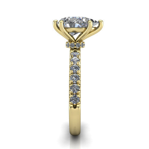 Gabriella pear hidden halo engagement ring in 18K Yellow Gold, side profile showing the hidden pav&eacute; halo collar and the pav&eacute; band in profile