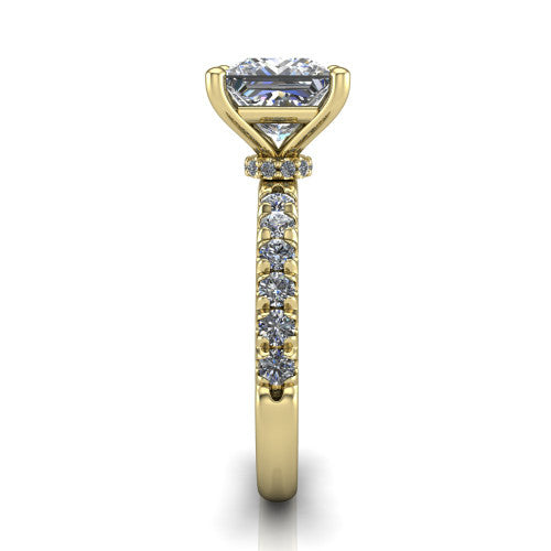 Gabriella princess hidden halo engagement ring in 14K Yellow Gold, side profile showing the hidden pav&eacute; halo collar and the pav&eacute; band in profile