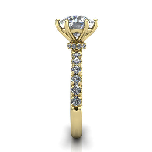 Gabriella round hidden halo engagement ring in 18K Yellow Gold, side profile showing the hidden pav&eacute; halo collar and the pav&eacute; band in profile