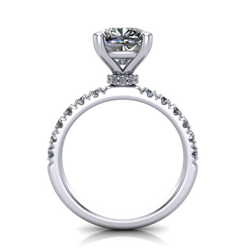 Gabriella cushion hidden halo engagement ring in Platinum, through-finger front profile showing the hidden pav&eacute; halo beneath the cushion center above the pav&eacute; band