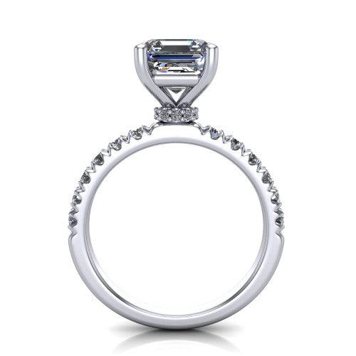 Gabriella square emerald hidden halo engagement ring in 18K White Gold, through-finger front profile showing the hidden pav&eacute; halo beneath the square emerald center above the pav&eacute; band
