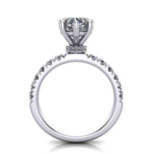 Gabriella heart hidden halo engagement ring in 14K White Gold, through-finger front profile showing the hidden pav&eacute; halo beneath the heart center above the pav&eacute; band