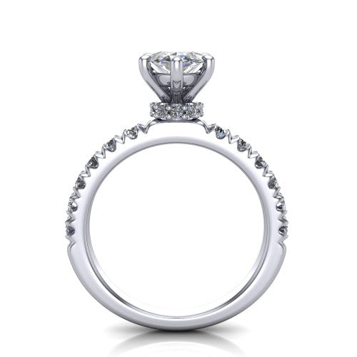 Gabriella marquise hidden halo engagement ring in 18K White Gold, through-finger front profile showing the hidden pav&eacute; halo beneath the marquise center above the pav&eacute; band