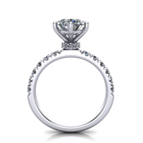 Gabriella oval hidden halo engagement ring in Platinum, through-finger front profile showing the hidden pav&eacute; halo beneath the oval center above the pav&eacute; band