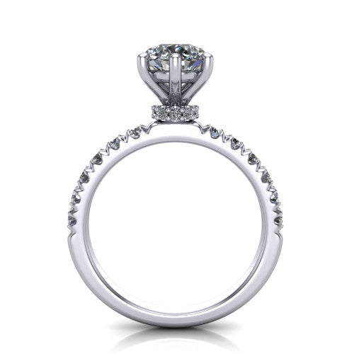 Gabriella pear hidden halo engagement ring in 14K White Gold, through-finger front profile showing the hidden pav&eacute; halo beneath the pear center above the pav&eacute; band