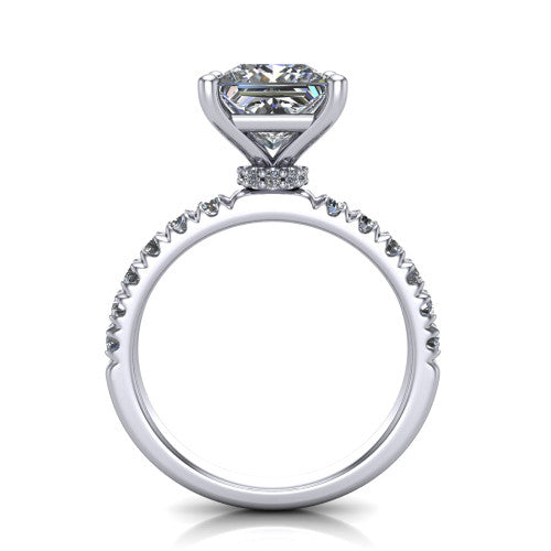 Gabriella princess hidden halo engagement ring in 14K White Gold, through-finger front profile showing the hidden pav&eacute; halo beneath the princess center above the pav&eacute; band