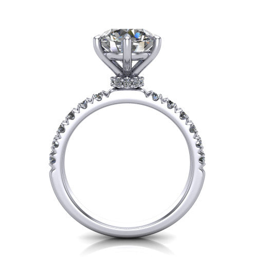 Gabriella round hidden halo engagement ring in 18K White Gold, through-finger front profile showing the hidden pav&eacute; halo beneath the round center above the pav&eacute; band
