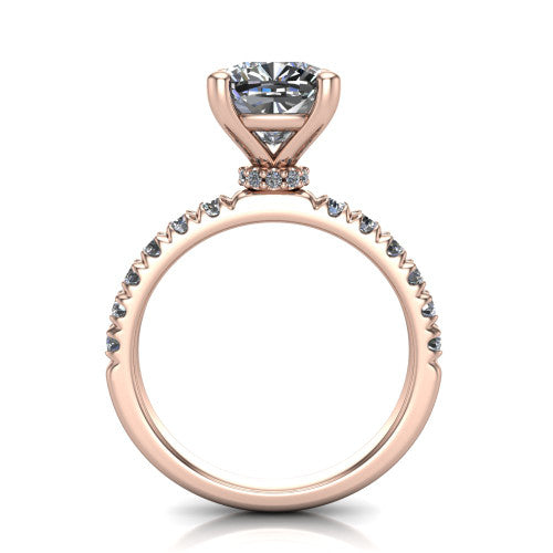 Gabriella cushion hidden halo engagement ring in 18K Rose Gold, through-finger front profile showing the hidden pav&eacute; halo beneath the cushion center above the pav&eacute; band