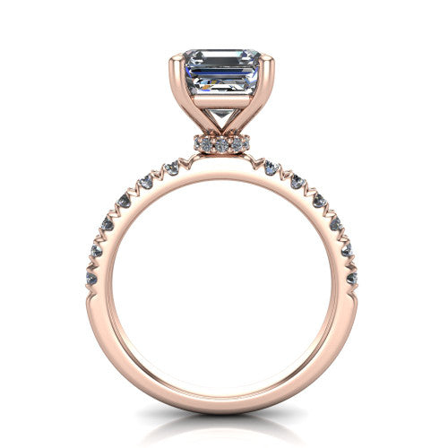 Gabriella emerald hidden halo engagement ring in 18K Rose Gold, through-finger front profile showing the hidden pav&eacute; halo beneath the emerald center above the pav&eacute; band