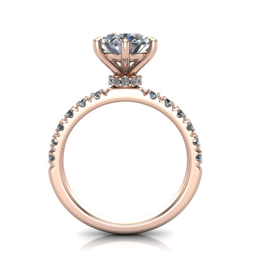 Gabriella oval hidden halo engagement ring in 18K Rose Gold, through-finger front profile showing the hidden pav&eacute; halo beneath the oval center above the pav&eacute; band