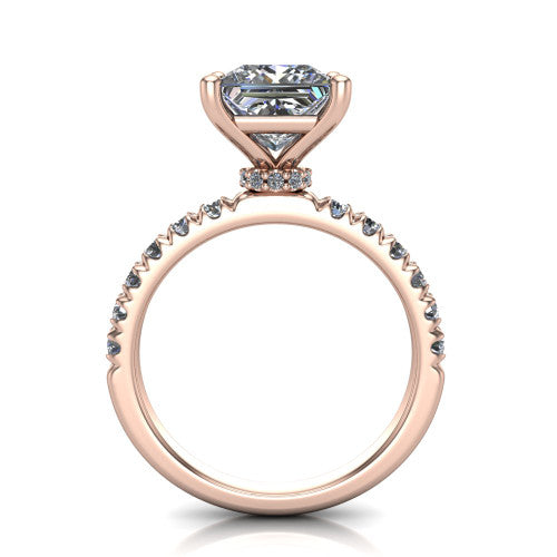 Gabriella princess hidden halo engagement ring in 18K Rose Gold, through-finger front profile showing the hidden pav&eacute; halo beneath the princess center above the pav&eacute; band