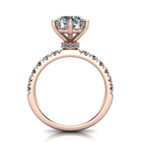 Gabriella round hidden halo engagement ring in 18K Rose Gold, through-finger front profile showing the hidden pav&eacute; halo beneath the round center above the pav&eacute; band