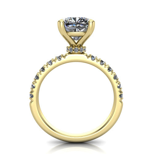 Gabriella cushion hidden halo engagement ring in 14K Yellow Gold, through-finger front profile showing the hidden pav&eacute; halo beneath the cushion center above the pav&eacute; band