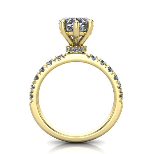 Gabriella heart hidden halo engagement ring in 18K Yellow Gold, through-finger front profile showing the hidden pav&eacute; halo beneath the heart center above the pav&eacute; band