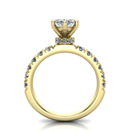 Gabriella marquise hidden halo engagement ring in 14K Yellow Gold, through-finger front profile showing the hidden pav&eacute; halo beneath the marquise center above the pav&eacute; band