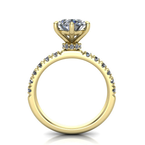 Gabriella oval hidden halo engagement ring in 18K Yellow Gold, through-finger front profile showing the hidden pav&eacute; halo beneath the oval center above the pav&eacute; band