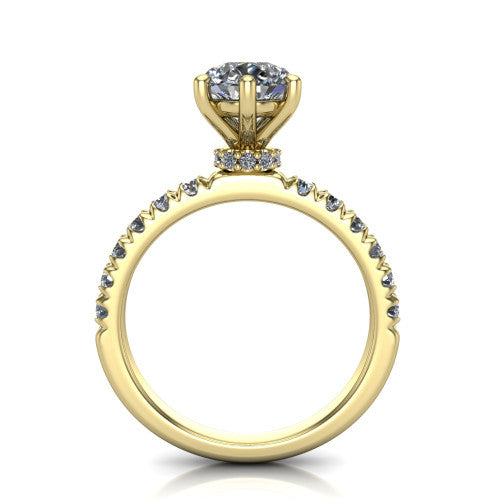 Gabriella pear hidden halo engagement ring in 18K Yellow Gold, through-finger front profile showing the hidden pav&eacute; halo beneath the pear center above the pav&eacute; band