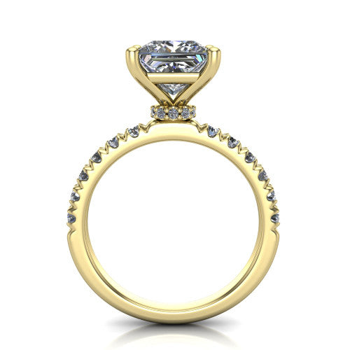 Gabriella princess hidden halo engagement ring in 18K Yellow Gold, through-finger front profile showing the hidden pav&eacute; halo beneath the princess center above the pav&eacute; band