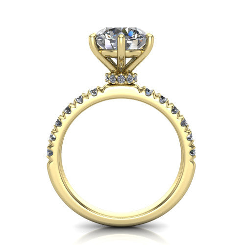 Gabriella round hidden halo engagement ring in 14K Yellow Gold, through-finger front profile showing the hidden pav&eacute; halo beneath the round center above the pav&eacute; band