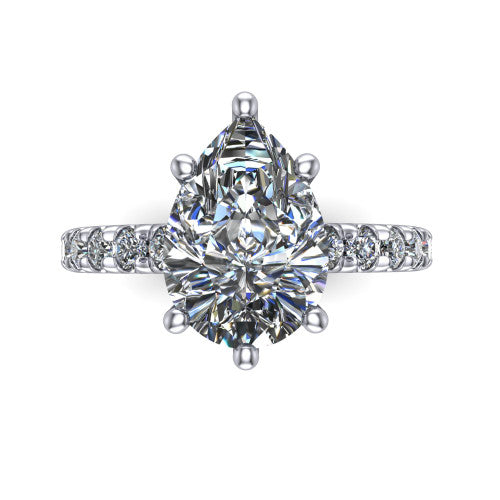 Gabriella pear hidden halo engagement ring in 14K White Gold, top-down view showing the pear center and the pav&eacute; diamond shoulders