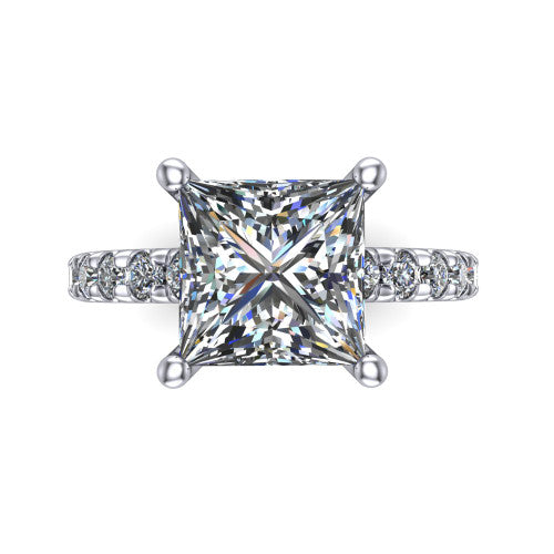 Gabriella princess hidden halo engagement ring in 18K White Gold, top-down view showing the princess center and the pav&eacute; diamond shoulders