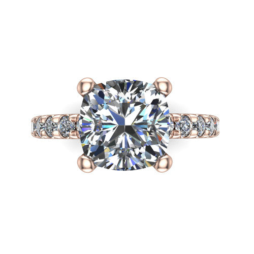 Gabriella cushion hidden halo engagement ring in 18K Rose Gold, top-down view showing the cushion center and the pav&eacute; diamond shoulders
