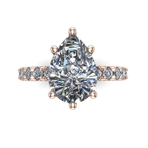 Gabriella pear hidden halo engagement ring in 18K Rose Gold, top-down view showing the pear center and the pav&eacute; diamond shoulders