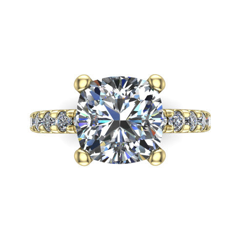Gabriella cushion hidden halo engagement ring in 14K Yellow Gold, top-down view showing the cushion center and the pav&eacute; diamond shoulders