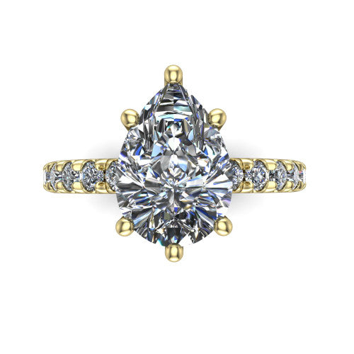Gabriella pear hidden halo engagement ring in 14K Yellow Gold, top-down view showing the pear center and the pav&eacute; diamond shoulders