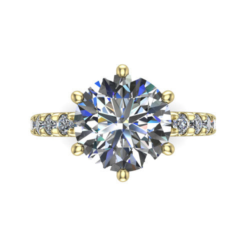 Gabriella round hidden halo engagement ring in 18K Yellow Gold, top-down view showing the round center and the pav&eacute; diamond shoulders