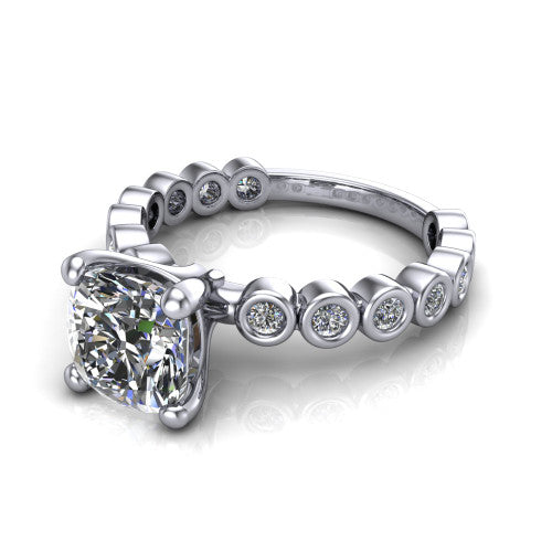 Kinsley cushion solitaire engagement ring in 14K White Gold with bezel-set diamond accent band, three-quarter perspective view