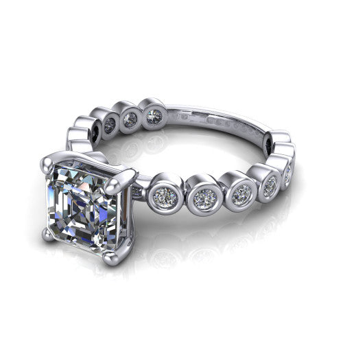 Kinsley asscher solitaire engagement ring in Platinum with bezel-set diamond accent band, three-quarter perspective view