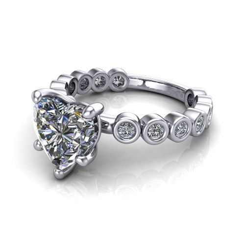 Kinsley heart solitaire engagement ring in 14K White Gold with bezel-set diamond accent band, three-quarter perspective view