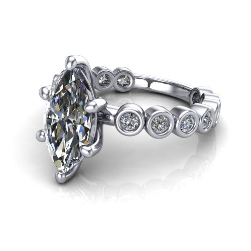 Kinsley marquise solitaire engagement ring in Platinum with bezel-set diamond accent band, three-quarter perspective view