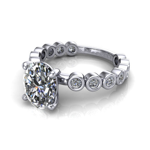 Kinsley oval solitaire engagement ring in 18K White Gold with bezel-set diamond accent band, three-quarter perspective view
