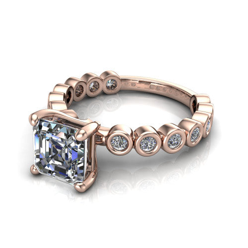 Kinsley asscher solitaire engagement ring in 14K Rose Gold with bezel-set diamond accent band, three-quarter perspective view