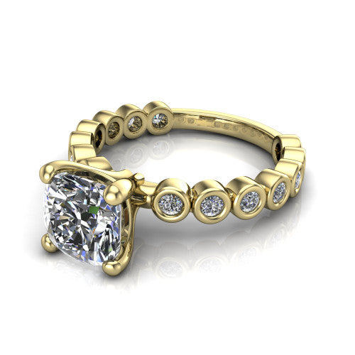 Kinsley cushion solitaire engagement ring in 14K Yellow Gold with bezel-set diamond accent band, three-quarter perspective view