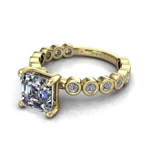 Kinsley asscher solitaire engagement ring in 18K Yellow Gold with bezel-set diamond accent band, three-quarter perspective view