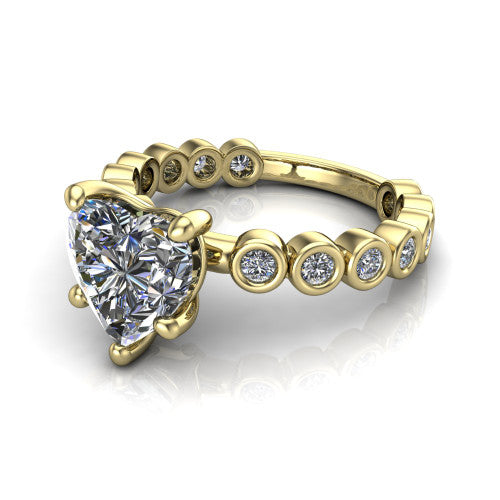 Kinsley heart solitaire engagement ring in 14K Yellow Gold with bezel-set diamond accent band, three-quarter perspective view