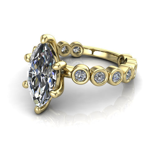 Kinsley marquise solitaire engagement ring in 18K Yellow Gold with bezel-set diamond accent band, three-quarter perspective view