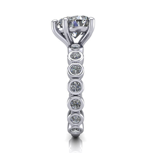 Kinsley heart solitaire engagement ring in 14K White Gold with bezel-set diamond accent band, side profile showing the bezel-set diamond shank
